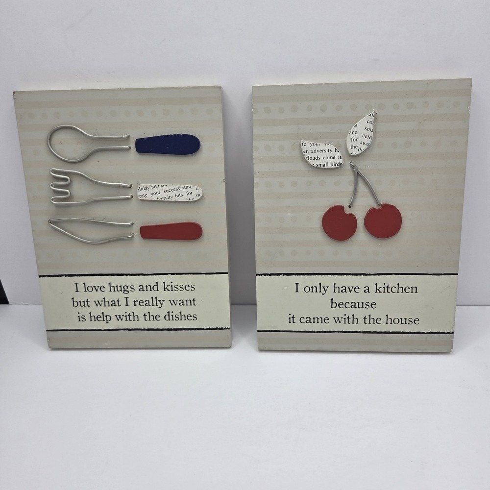 Set of 2 Fetco Kitchen Wall Plaques Funny Quotes Hugs Kisses Help With Dishes
